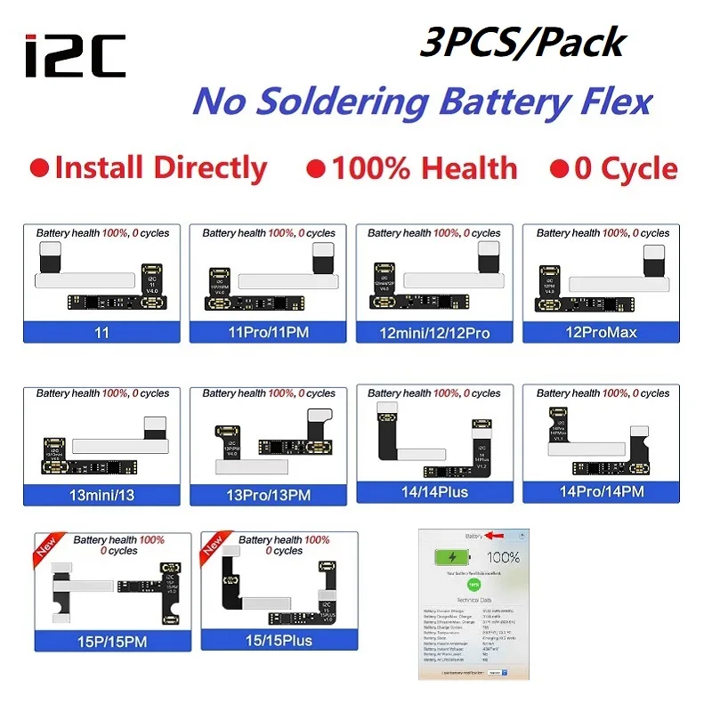 i2C External Tag On Battery Repair Flex No Soldering For iPhone 11 12 13 14  Pro Max Battery Capacity Efficiency Reset Modificat