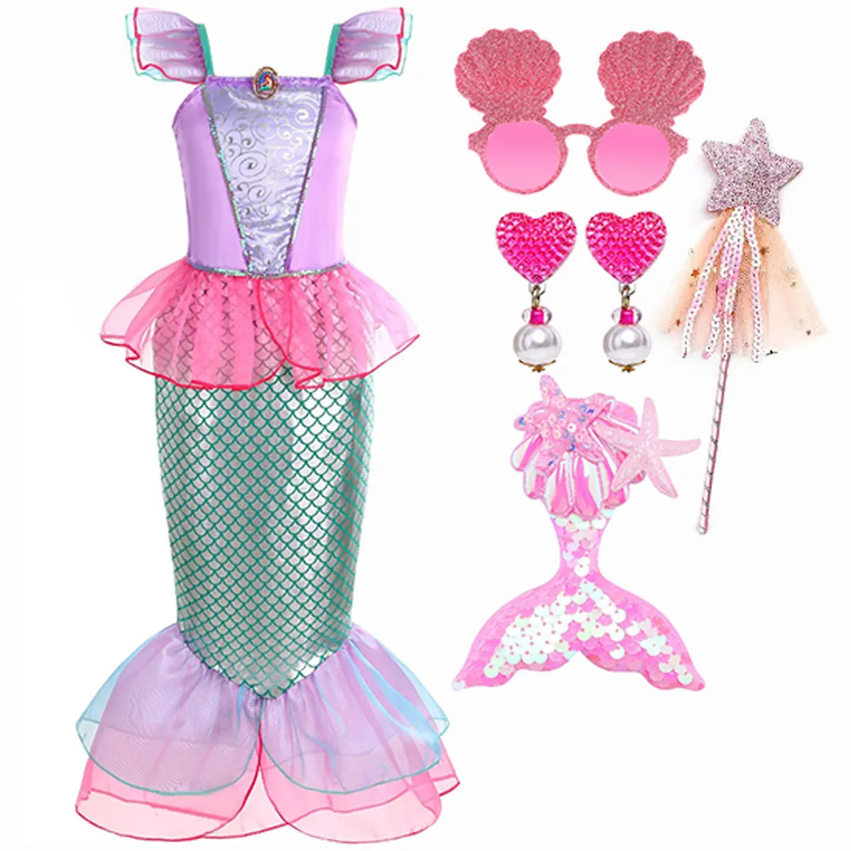 Ariel Girl Little Mermaid Costume Halloween Pink Dress For Girls Children Carnival Birthday Party Clothes Cosplay Mermaid Dress