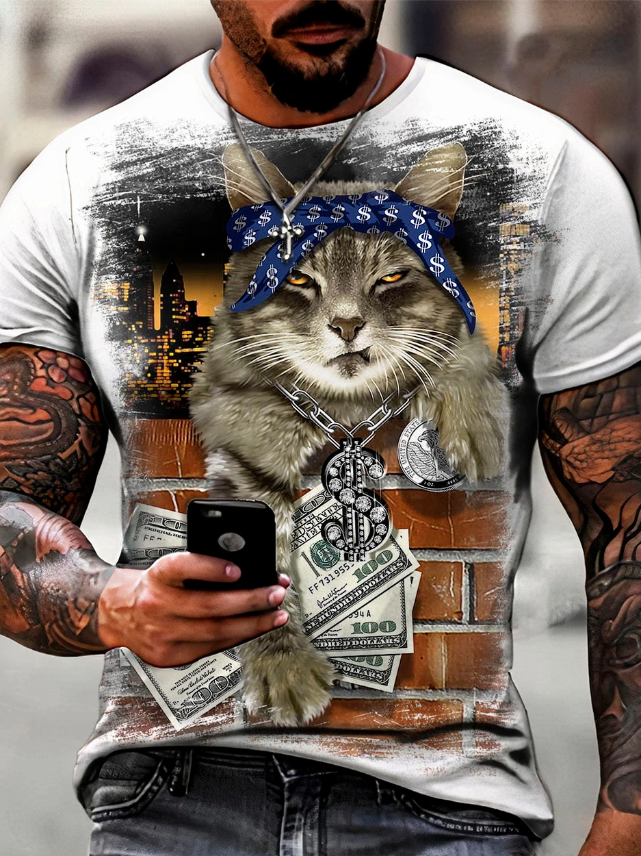 Male Trend Cat Element T Shirt For Men Daily Outdoor Fashion Regular Fit O-neck Short Sleeve Comfortable Material Clothing Tops