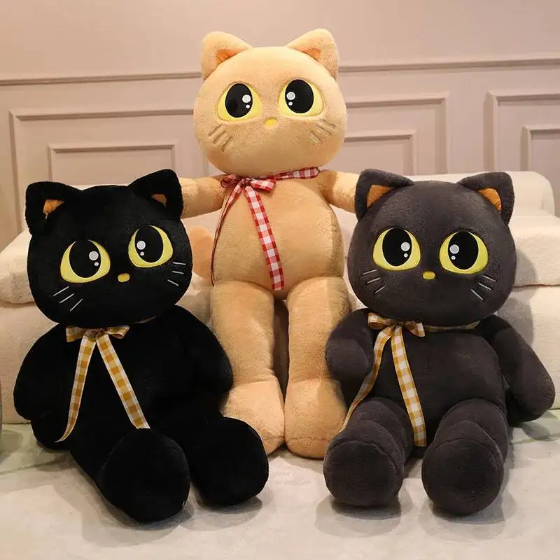 

60~100cm Big Eyes Cat Plush Pillow Stuffed Bow Tie Brown Grey Black Kitten Cartoon Animal Cushion Birthday Gift