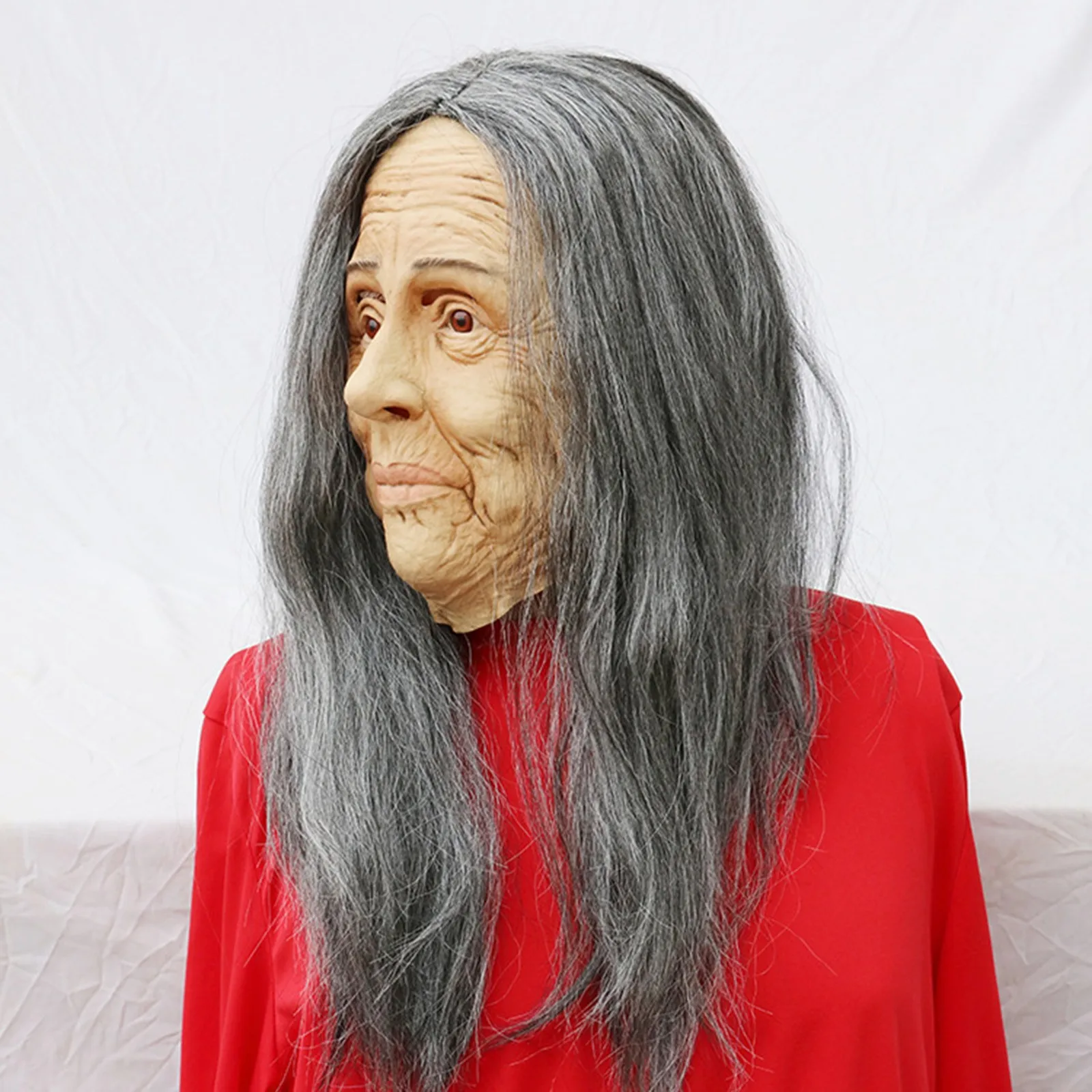 หญิงชราหน้ากากฮาโลวีน Creepy ริ้วรอย Face หน้ากากผมยาว Latex ทนทาน Breathable คอสเพลย์ปาร์ตี้ Props อุปกรณ์เสริม