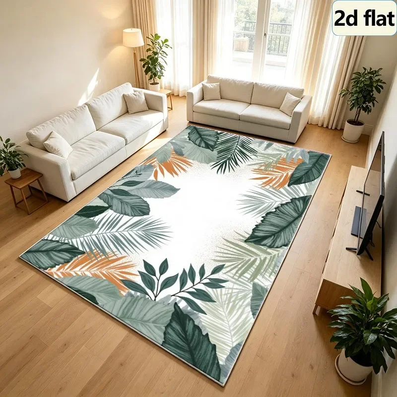 Bohemian Style Tropical Palm Leaf Border Carpet, Square Carpet, Non-Slip, Washable Floor Carpet Suitable for Bedroom, Balcony, H