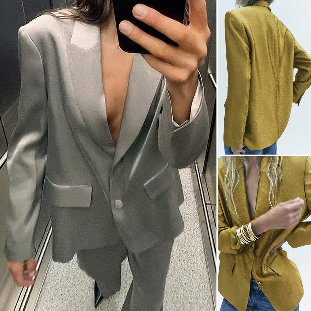 

MiaMuse Boutique женские пиджаки осенние удобные простые однотонные яркие шелковые пуговицы с открытой передней частью и длинными рукавами с лацканами повседневные пиджаки