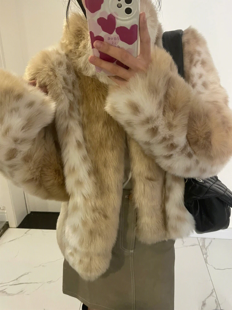 

Mink Faux Fur Coat for Women Thick Warm Spotted Leopard Printed Vintage Short Fluffy Jacket Eco Fur Coat Winter Overcoat Female