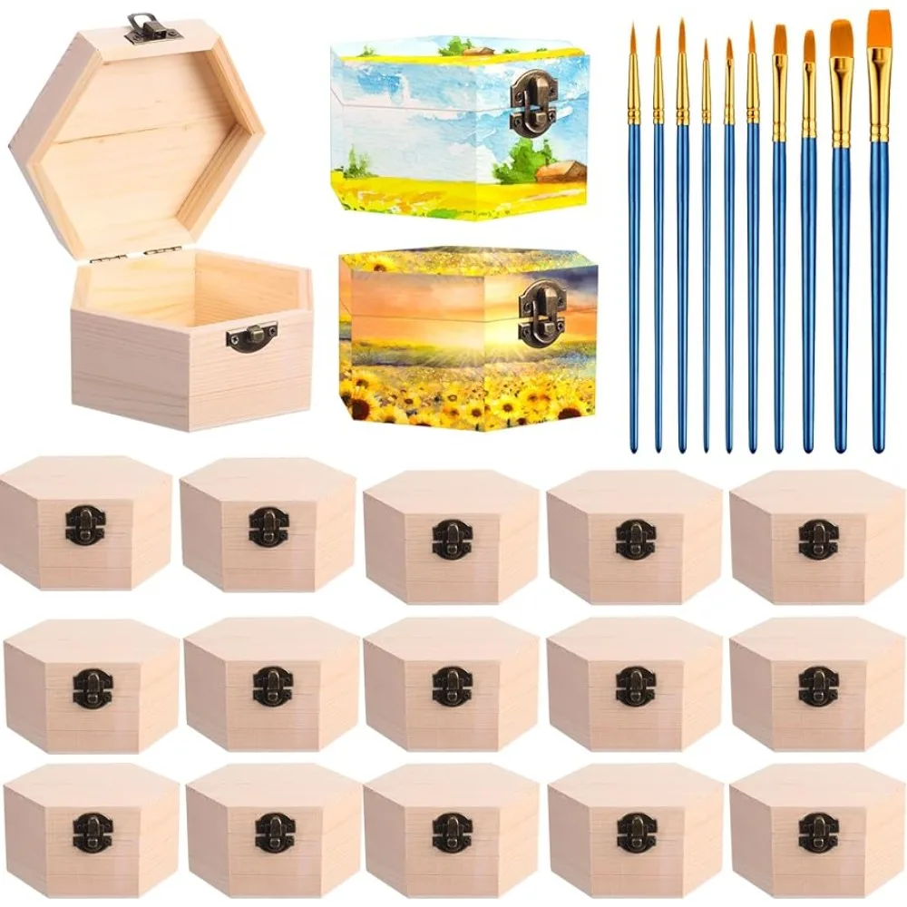 

Barydat 18 Pieces Unfinished Wood Box with 10 Paintbrushes, Hexagon Wooden Boxes Craft Mini Treasure Chest Box Lid