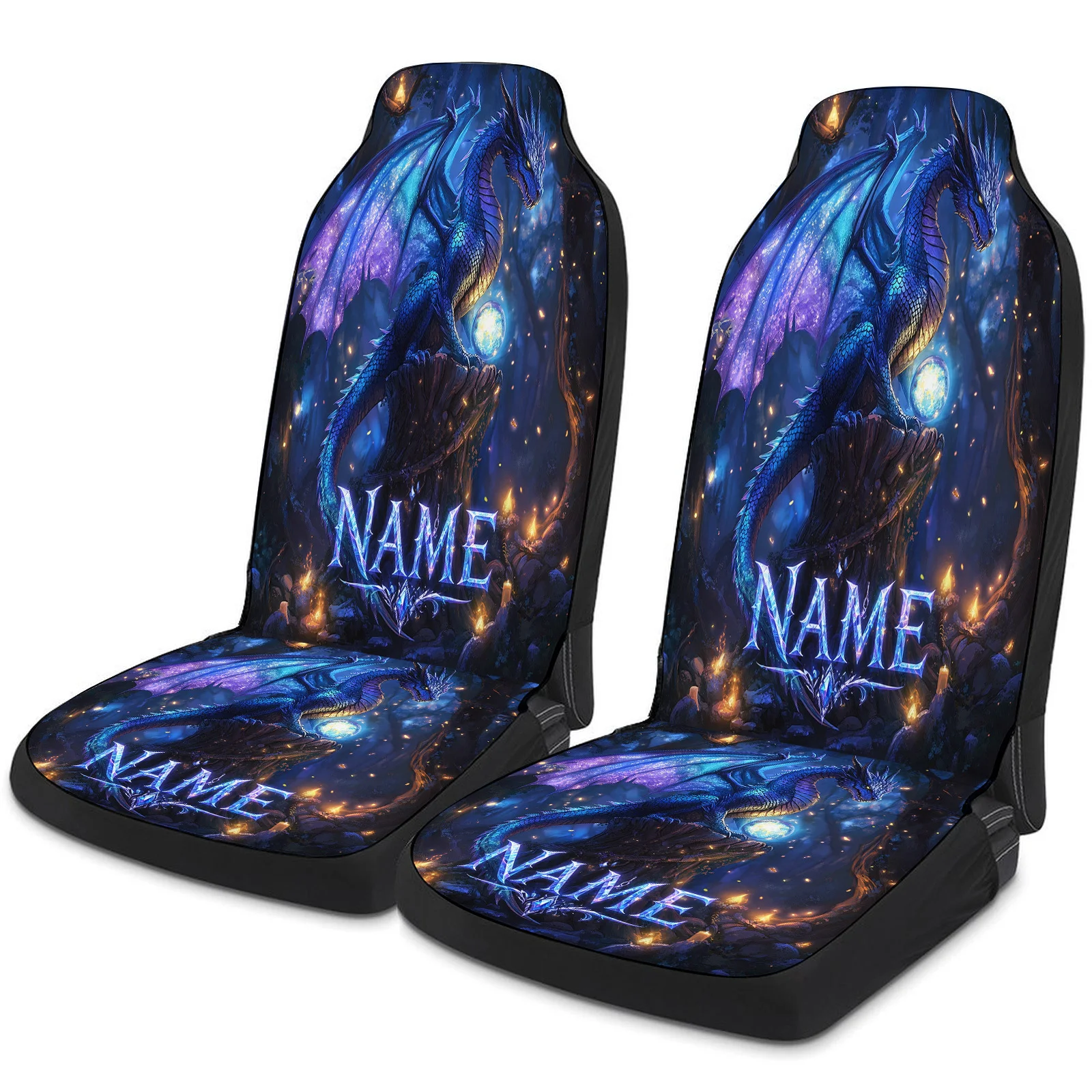 Personalized Car Seat Covers Custom Name/Text & Dragon Forest Magic - Fit For 2 Front Seats Suitable For Cars, Trucks, Suitable