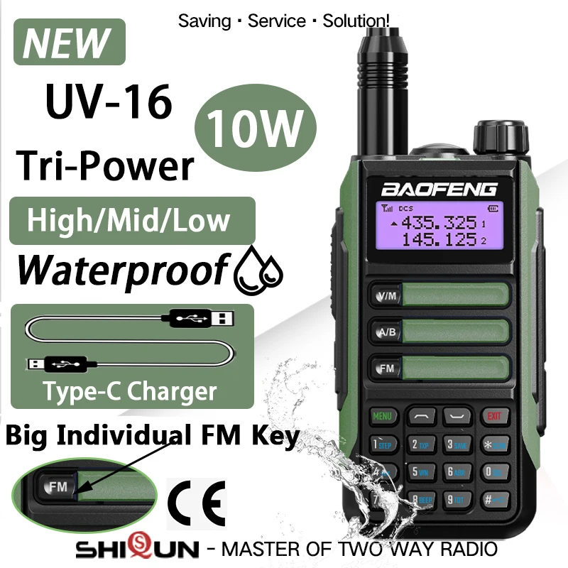 Go! UV16 Pro Walkie Talkie Professional UV16 V2 Plus 10W Powerful Waterproof VHF UHF Dual Band Two Way Radio USB-C Charger