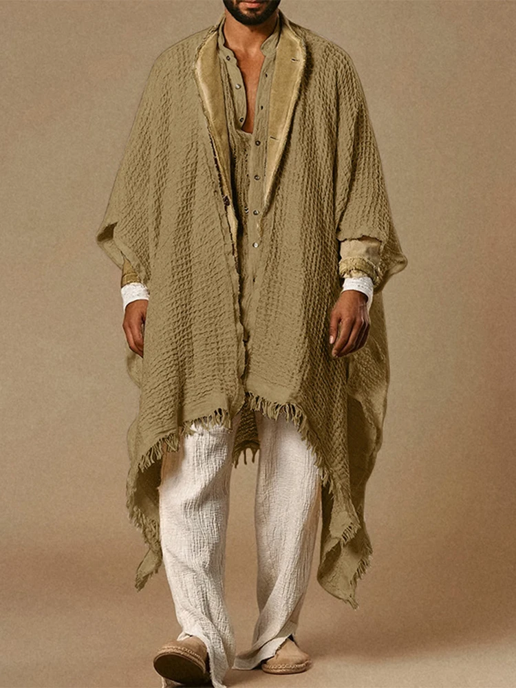 Vintage Mens Solid Color Loose Capes Casual Breathable Shawl Cardigans Men 2026 Summer Boho Retro Tassel Design Cardigan Tops
