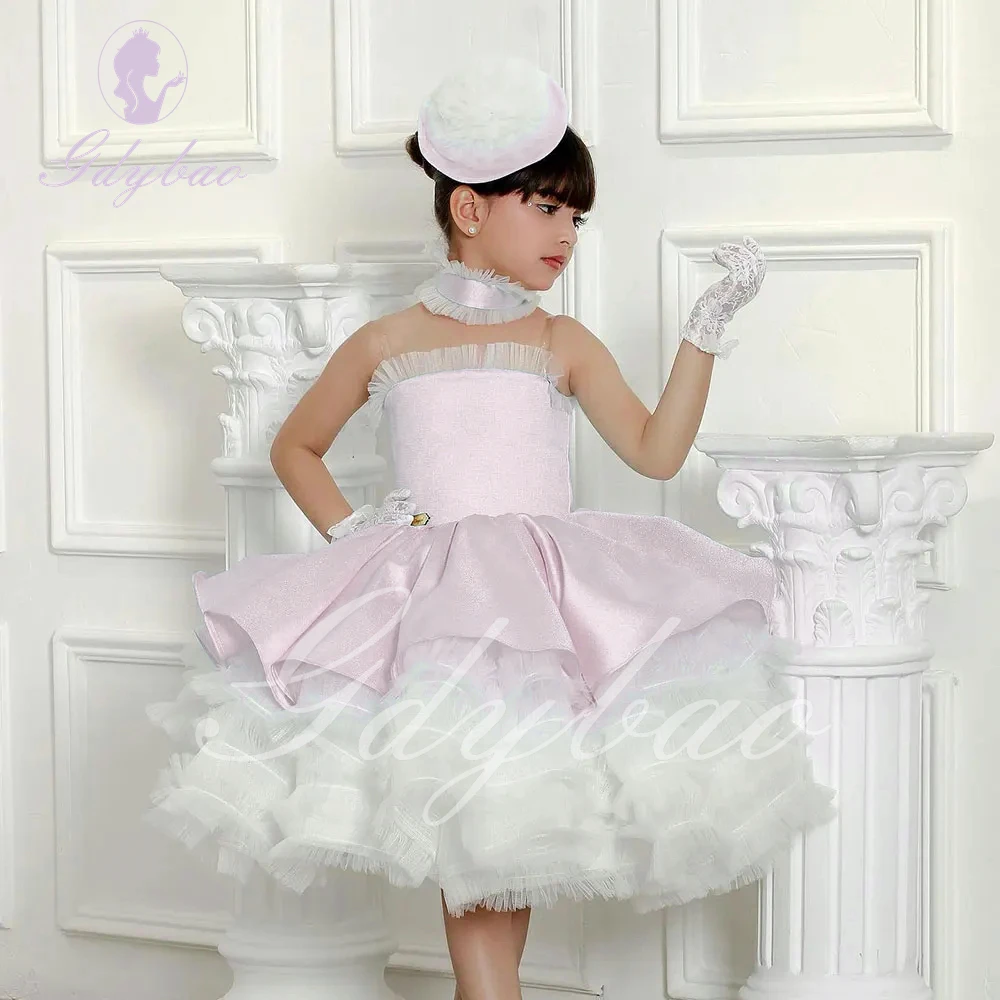 

Light Pink Flower Girl Dress For Wedding Satin Puffy Tulle Knee Length Princess Pageant Kids Birthday Baby Party Ball Gown