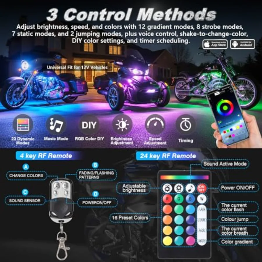 Motorcycle RGB LED Lights Kit with Brake Turn Signal, Motorcycle Underglow Lights with APP/RF Remote, Multicolor Dual Zone Neon