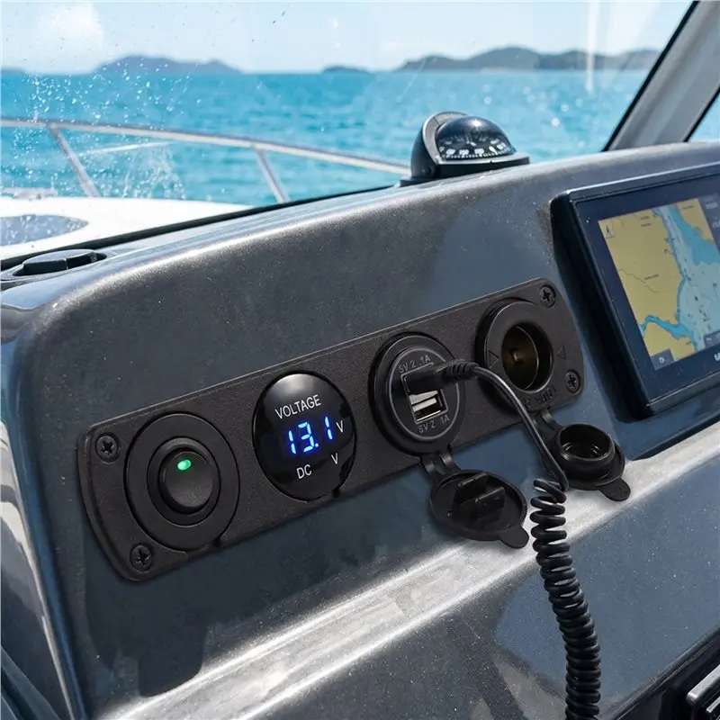 LED Voltmeter Cigarette Lighter Socket 4 In 1 Marine Switch Panel 12V Dual USB Socket On Off Button Switch Green-X59A