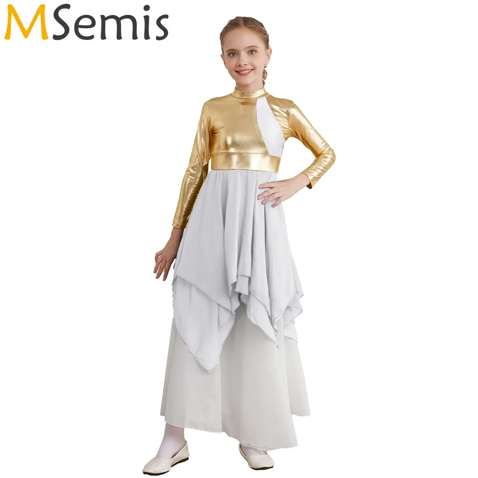 

Girls Kids Tunic Liturgical Praise Worship Choir Church Party Costume Bronzing Cloth Metallic Ballet Lyrical Ballet Dance Dress