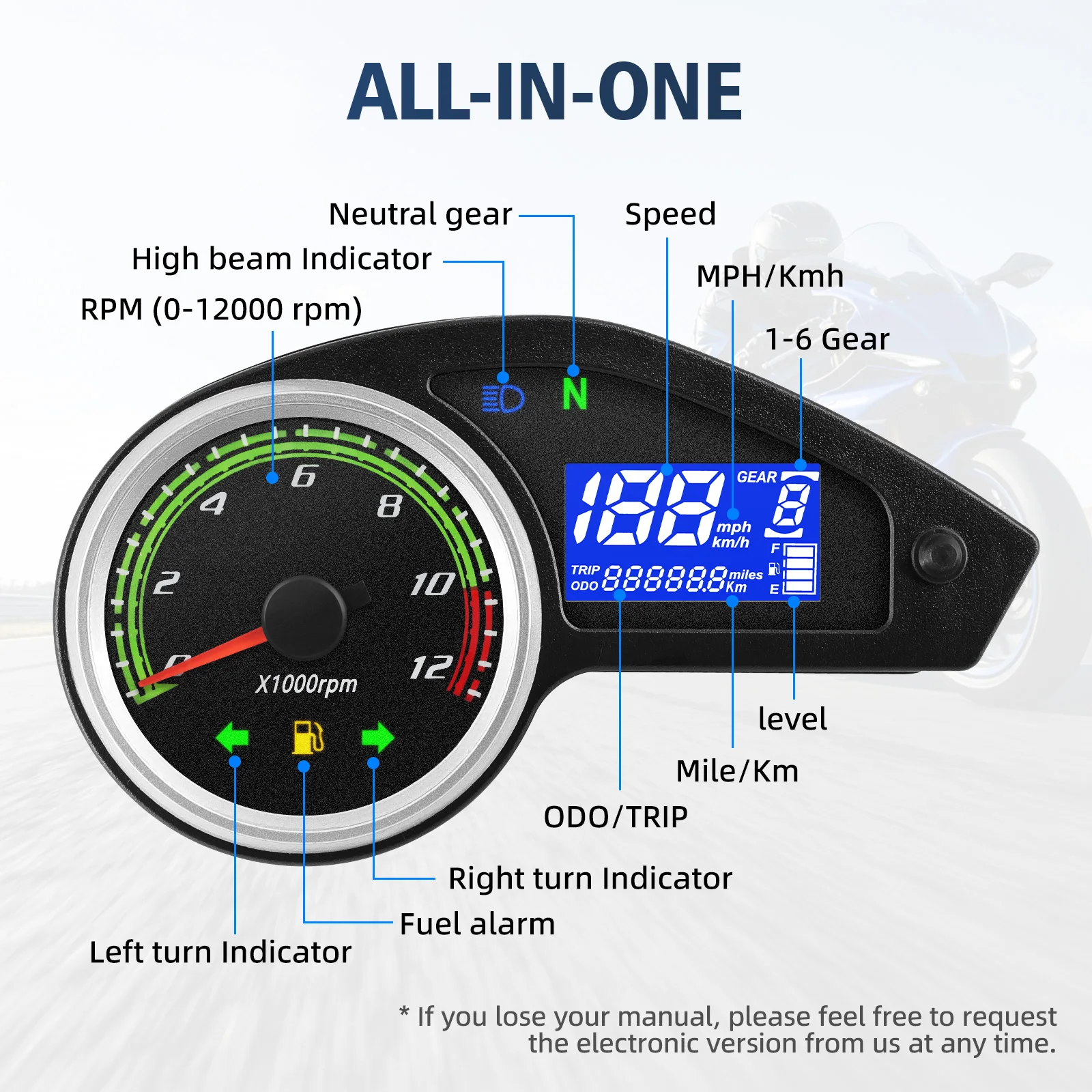 Universal Motorcycle Dashboard Motorcycle Speedometer 12000rpm Tachometer Odometer Fuel Gear For Brazil GY200 For 12V Motorcycle