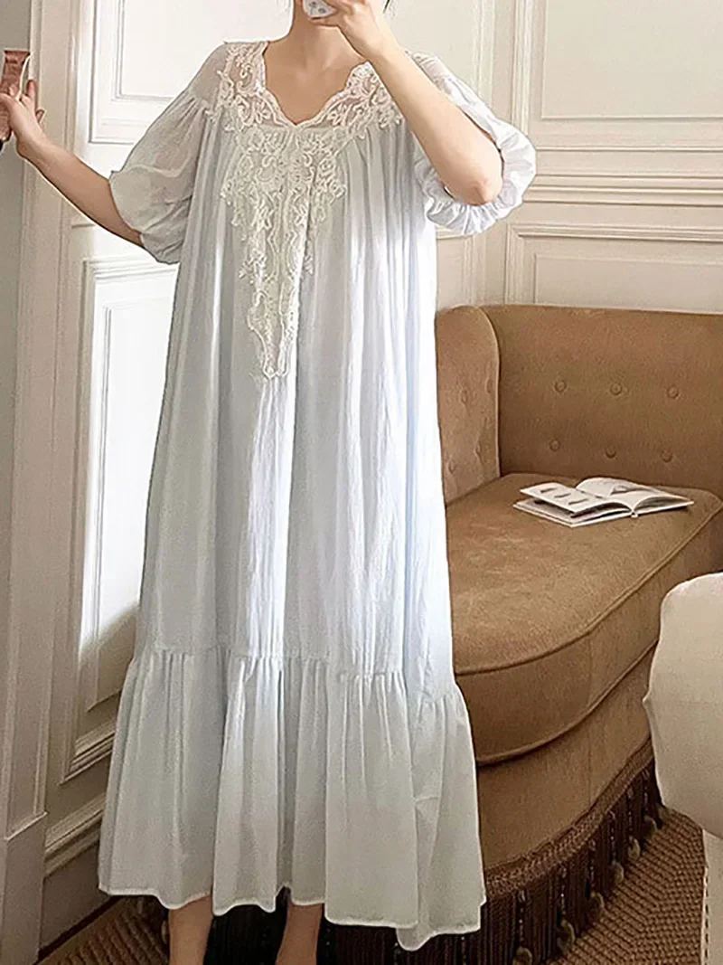 Women V-Neck Ruffles Lace Vintage Nightgowns Robe Nightie Long Dress Victorian Romantic Princess Sleepwear Nightdress Homewear