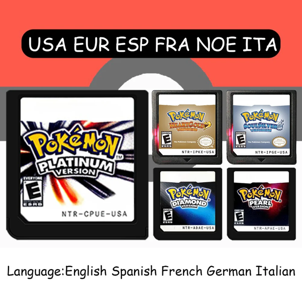 USA EUR FRA ITA NOE AUS ESP NDS Game Cartridge Pokémon Black White Platinum HeartGold SoulSilver for DS 2DS 3DS Console