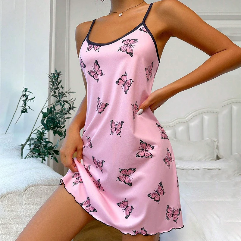 Women\'s Sleepwear Butterfly Print Lettuce Trim Nightdress Casual Round Neck Backless Mini Slip Dress Soft Comfortable Nightwear