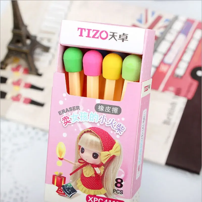 8pcs/box Cute Kawaii Matches Eraser Lovely Colored Eraser for Kids Students Kids Creative Item Gift