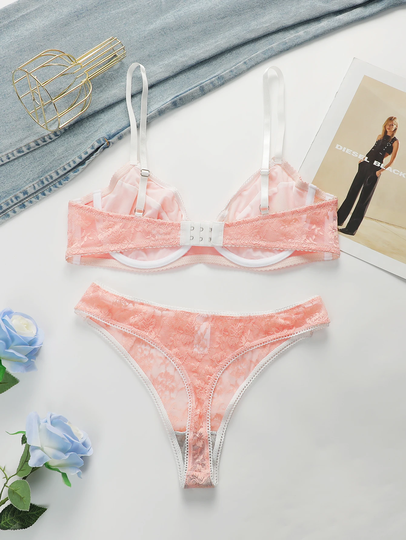 New Women\'s Underwear Set Lace Pink Flower Sexy Ultra Thin Underwear 2-piece Set Bra And Thongs Push Up Bra MR2643