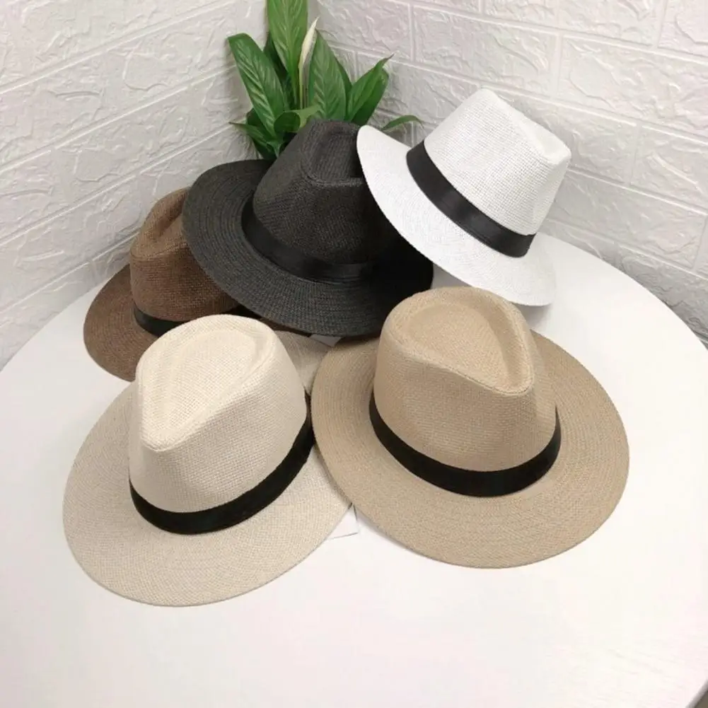 Women Sun Hat Band Decor Flat Dome Straw Hat Folding Thin Non-stuffy Anti-UV Men Big Brim Sunscreen Jazz Hat Fashion Accessories