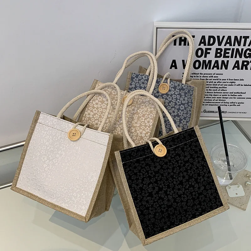 Lässige Leinen-Einkaufstasche für Damen, Stoffhandtasche im japanischen Stil, mit Schnallenverschluss, handwaschbar, für Box, Studenten-Wickeltasche
