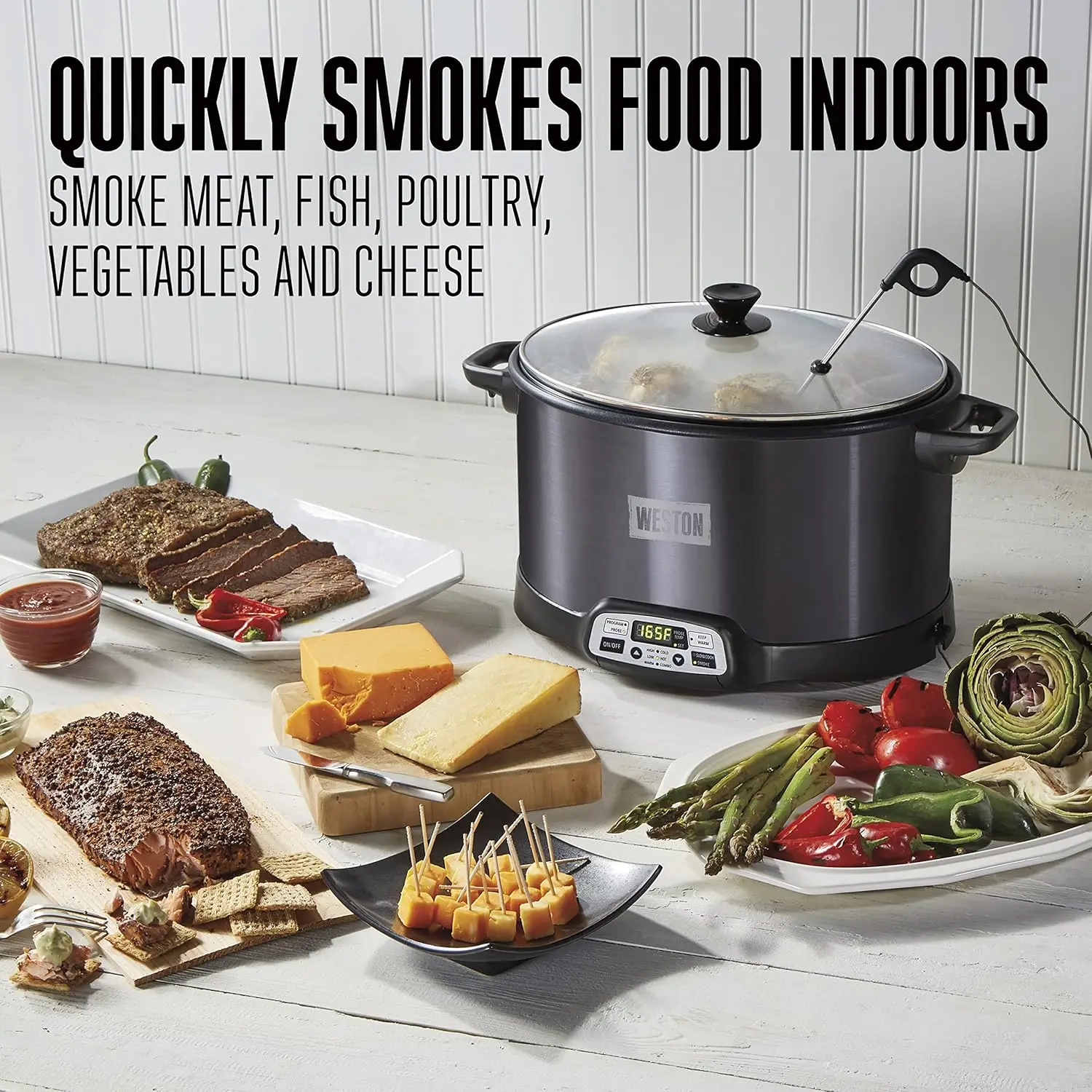 BRANDS 2-in-1 Indoor Electric Smoker & Programmable Slow Cooker, 6 Quart, Dishwasher Safe Crock, Black (03-2500-W)