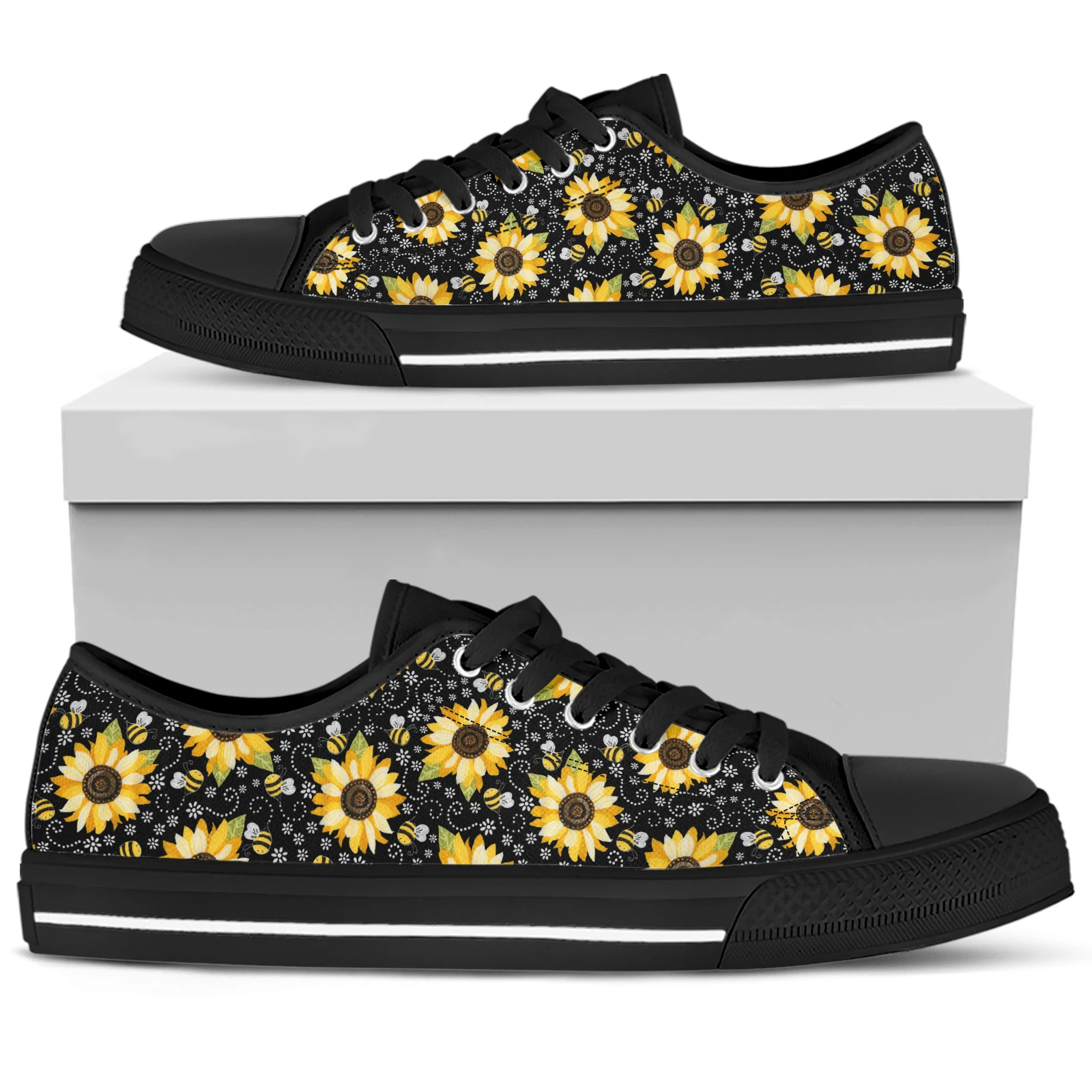 ELVISWORDS Pop Bohemian Sunflower Designs Brand Canvas Shoes Comfortable Lace-Up Sneakers Black Casual Sneakers Chaussure