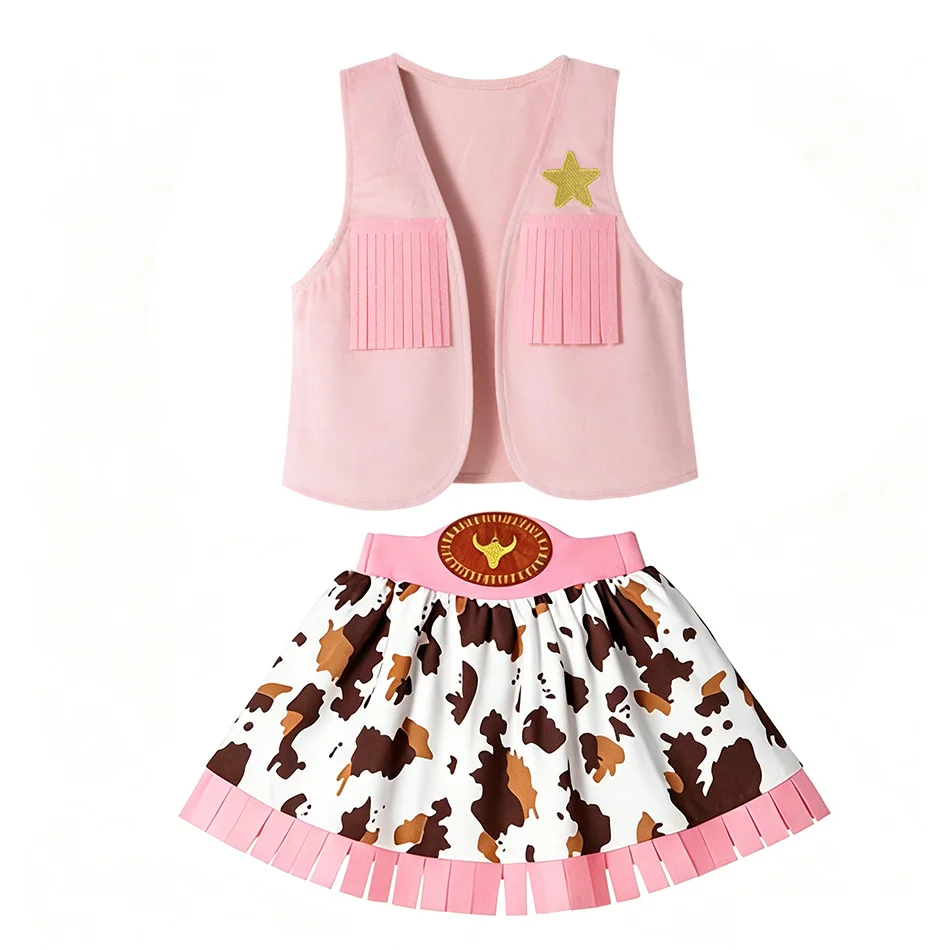 Children Cowgirl Cosplay Dress Up Set Pink/Brown Fringe Western Costume for Halloween Themed Party Stage Performance