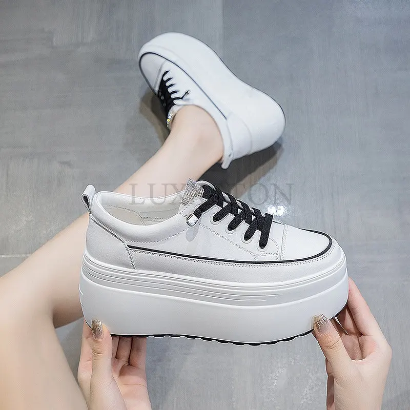 8cm White Genuine Leather Platform Heel Women Flats Shoes Comfortable Casual Creepers Chunky Sneaker Summer Shoes Women