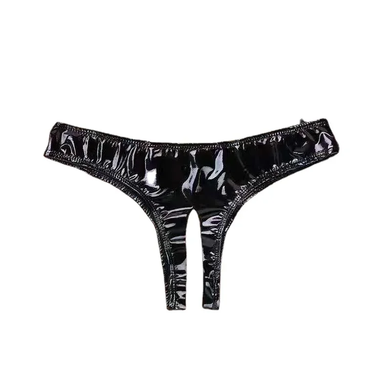 Bragas de cuero con entrepierna abierta para mujer, ropa interior elástica de color negro, lencería erótica