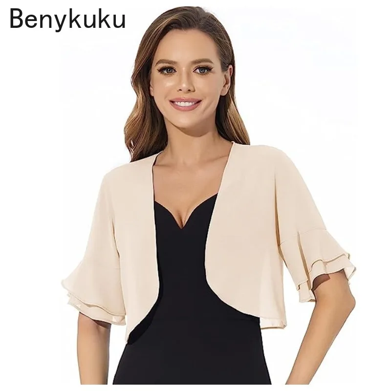 Women Butterfly Sleeve Cropped Top Bolero Solid Color Black Cardigan Coat and Jackets Open Front Short Shrug Cover Up Streetwear