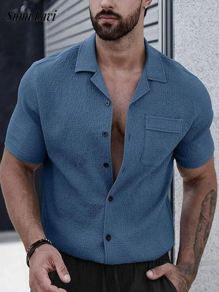 

Stylish Mens Solid Color Pleated Texture Shirt Summer Casual Short Sleeve Button-up Shirts Men Vintage Turn-down Collar Cardigan