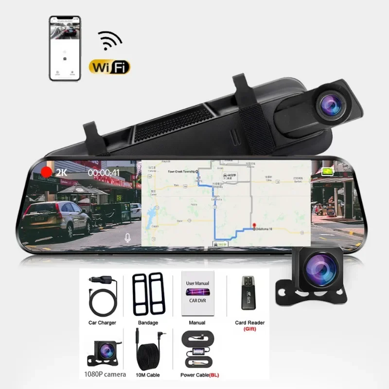 

2K Mirror Camera For Car Touch Screen Video Recorder Rearview Mirror Dashcam 1440P GPS Wifi 24H Parking DVR Black Box