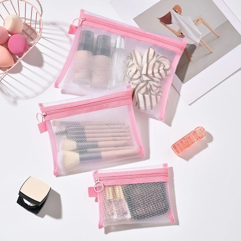 Portable Pink Mesh Cosmetic Bag Women Travel Storage Makeup Organizer Female Make Up Pouch Small Large Toiletry Beauty Case