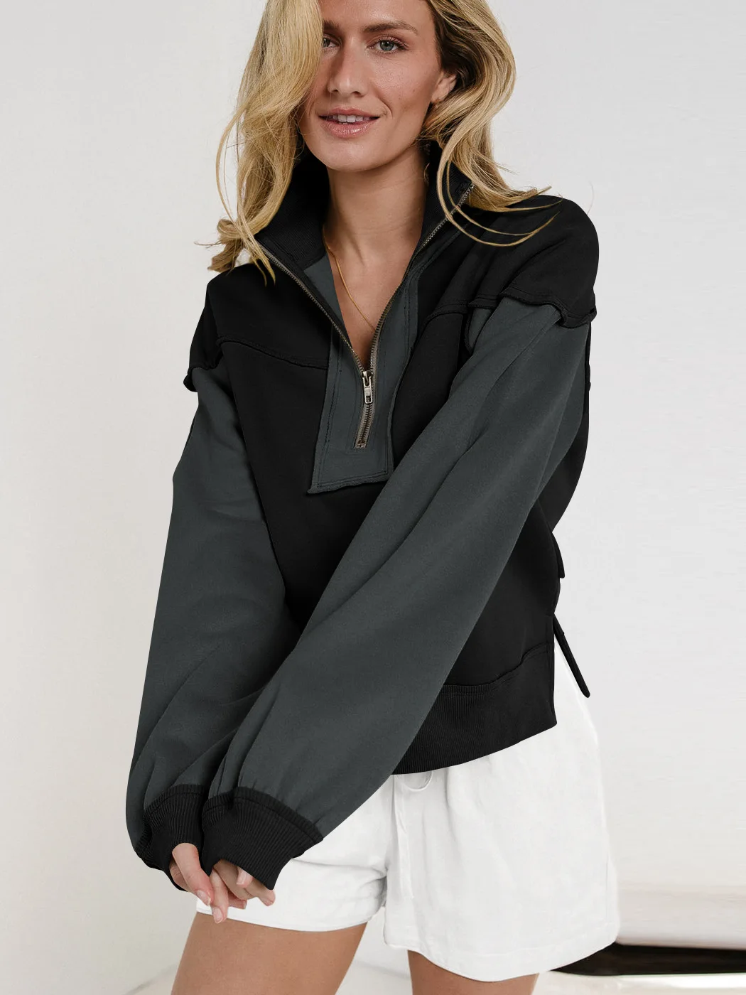 Zipper Contrasting Color Loose Decorative Lines Long-sleeved Sweater Hoodies Women K Pop Clothes Sweatshirts Clothes for Women