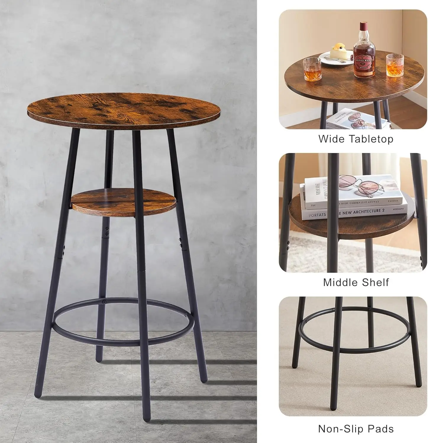 Bar Table And Chair Set For 2, Small Round Bistro Coffe Table & Pu Upholstered Stools With Backrest, High Top Pub Set For