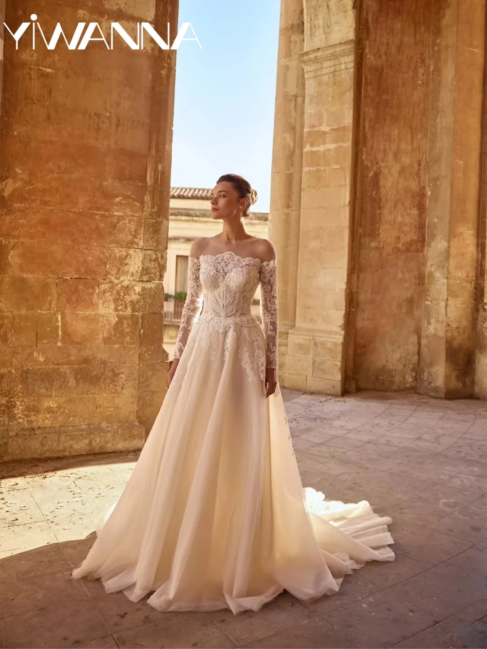 

Glitter Pearls Tulle Long Wedding Dress Detachable Sleeve Lace A-line Bridal Gown New Customized Elegant Dresses For Bride