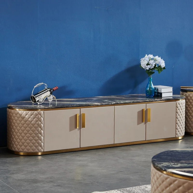 

dl-Golden Stainless Steel Base Leather Side Wooden Frame Coffee Table Full Set Marble TV Stand Buffet Table Dining@