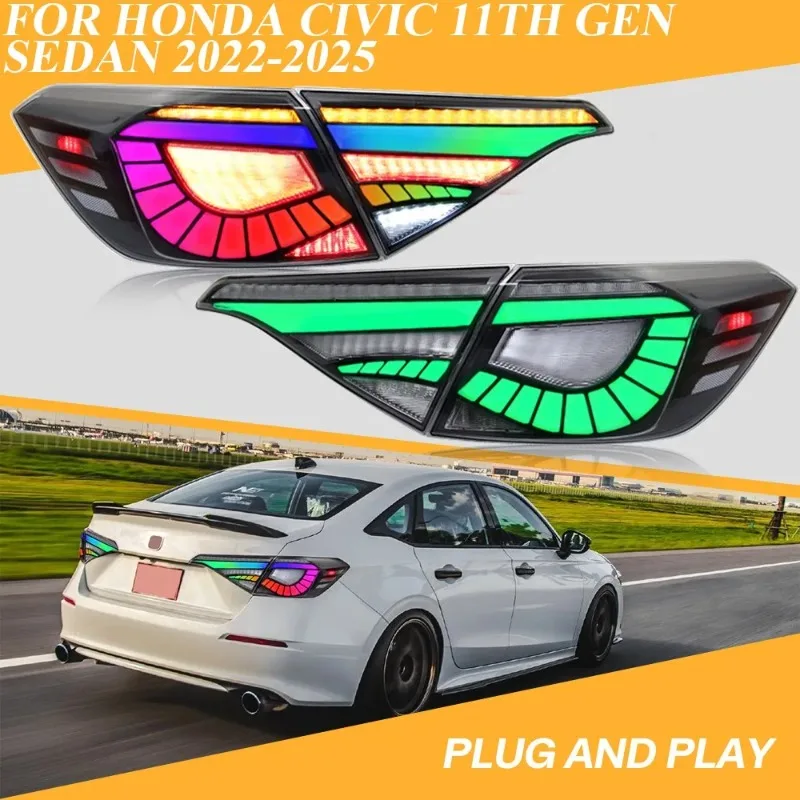 

For Honda Civic Sedan 11th Gen 2022-2025 RGB LED Tail Lights Smoked Pair with Sequential Turn Signal