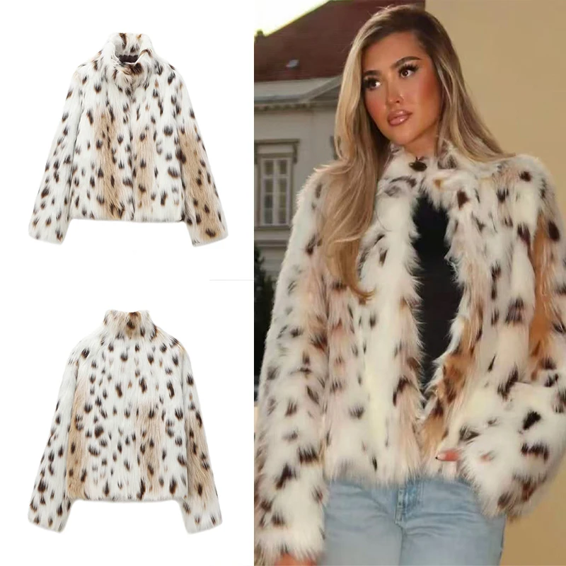 Guobioziy 2026 Winter Women Faux Fur Stand Collar Short Jacket Vibrant Spotted Design Contemporary Casual Street Outfit