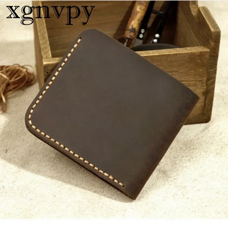 xgnvpy Fashion Genuine Leather Men's Wallet Retro Handcrafted Purse Durable Real Leather Coin Holder for Gentlemen