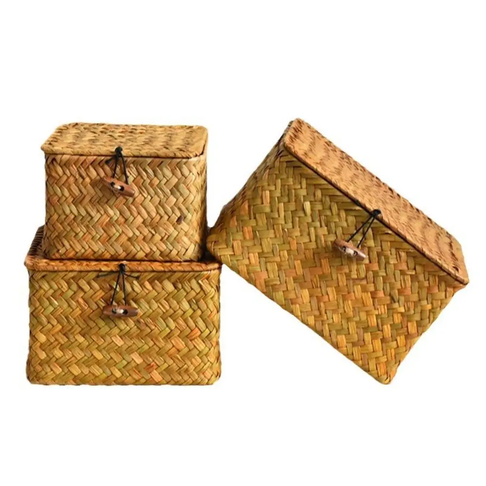 Hot Sale Lid Wicker Shelf Baskets Rectangular Handwoven Storage Box with Lid Rattan Weaving Wardrobe Living Room