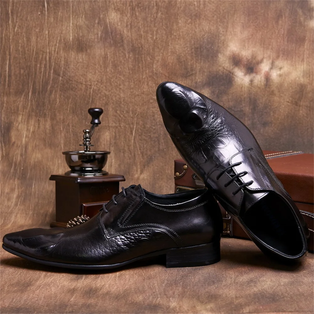 Cowhide Embossed Crocodile Pattern British Style Men Pointed Toe Leather Shoes Genuine Leather Lace Up Business Formal Shoes view 3