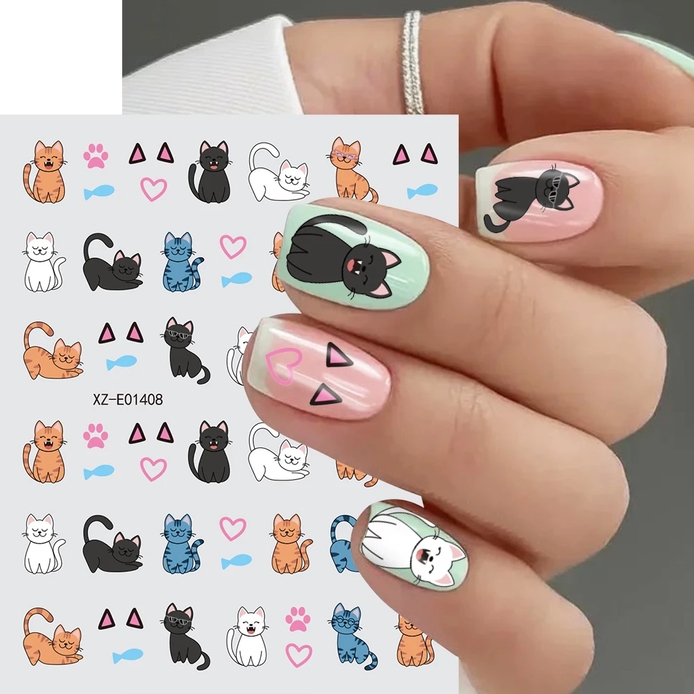 3D 귀여운 고양이 네일 스티커 카와이 예쁜 파란색 고양이/오렌지 고양이/고양이 발톱/작은 물고기 자체 접착 네일 데칼 고양이 슬라이더 diy 매니큐어