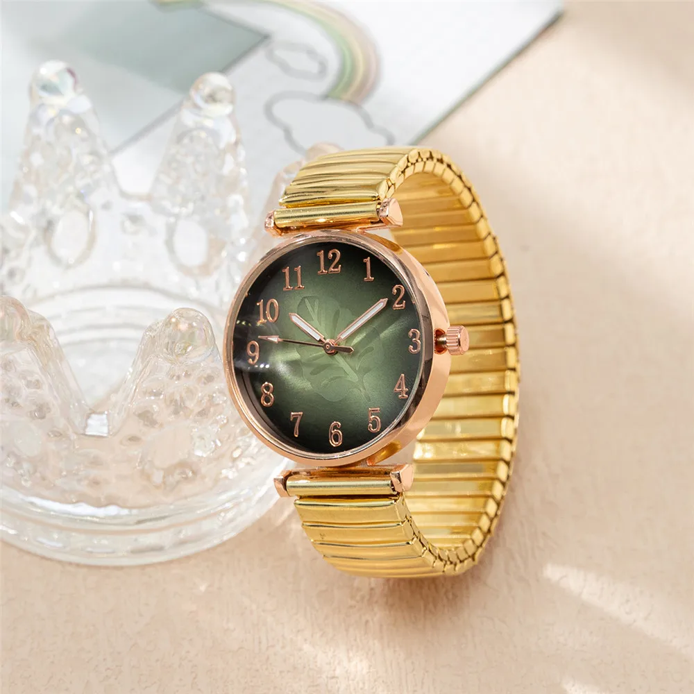 Minimalist Digital Leaf Pattern Women\'s Quartz Watch Fashion Luxury Gold Stretch Classless Strap Ladies Dress Clock Wristwatches