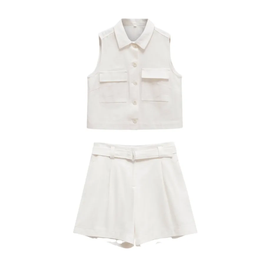 

Новинка 2025, женский повседневный и простой карманный аксессуар ETJ, жилет без рукавов с лацканами и стильные шорты с высокой талией и поясом