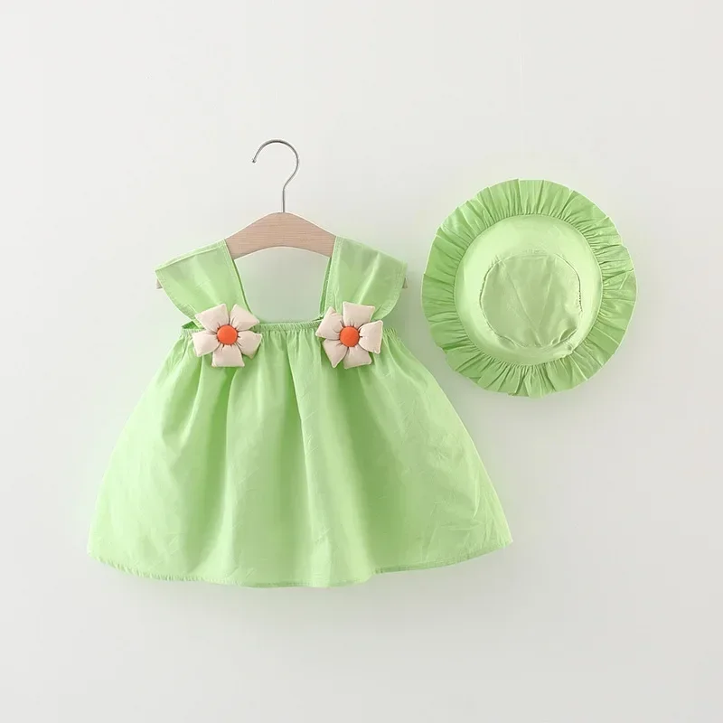 2PCS/set Cotton Toddler Baby Girls Summer Princess Dress Solid Color Sleeveless Sling Dress with Flower Decor + Hat 6M-3T