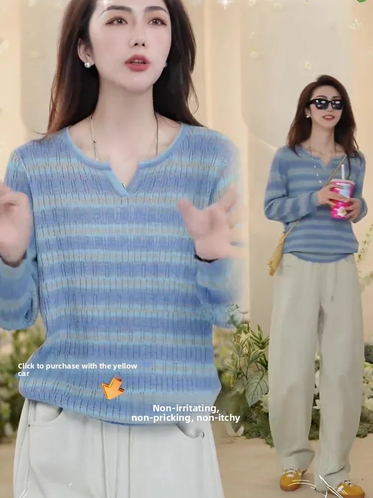 

Вязаный топ из ледяного шелка с длинным рукавом, в полоску, свободного кроя, для повседневной носки, базовая модель, осень 2026, весна, стандартный крой