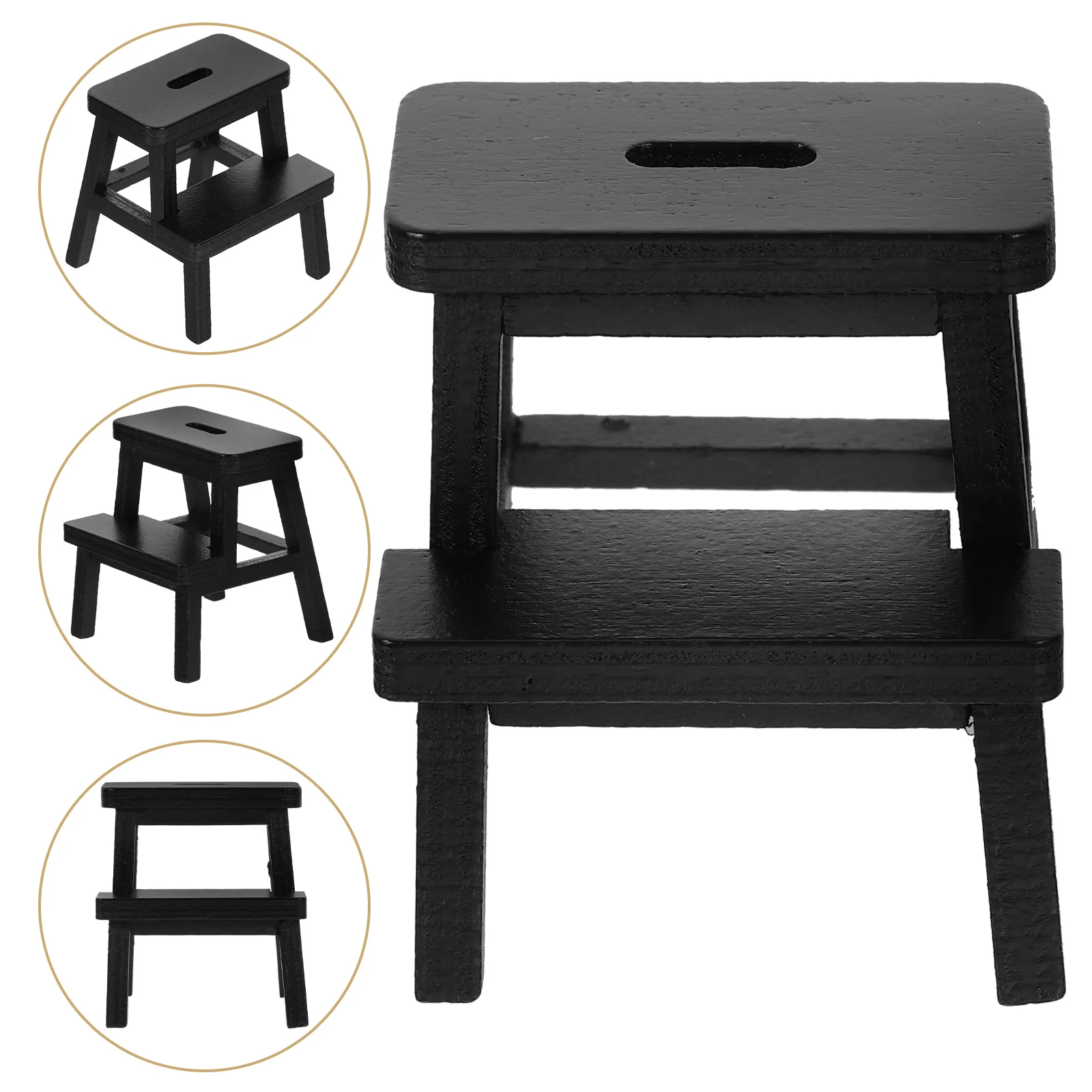 Mini Step Stool House Furniture Models Black Wooden Miniature Chairs for Crafts
