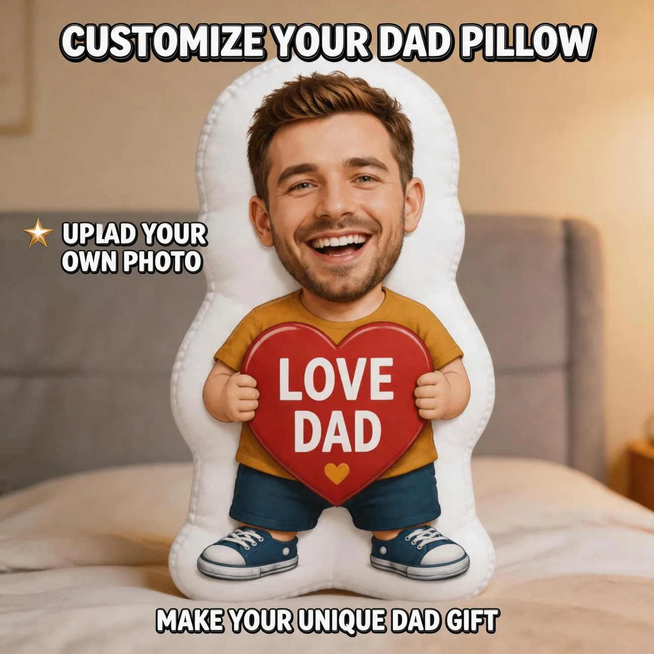 Custom Personalized Photo Face Pillow, Smiling Man Holding Love Dad Heart Custom Shaped Decorative Cushion, 70CM Home Decor Acce