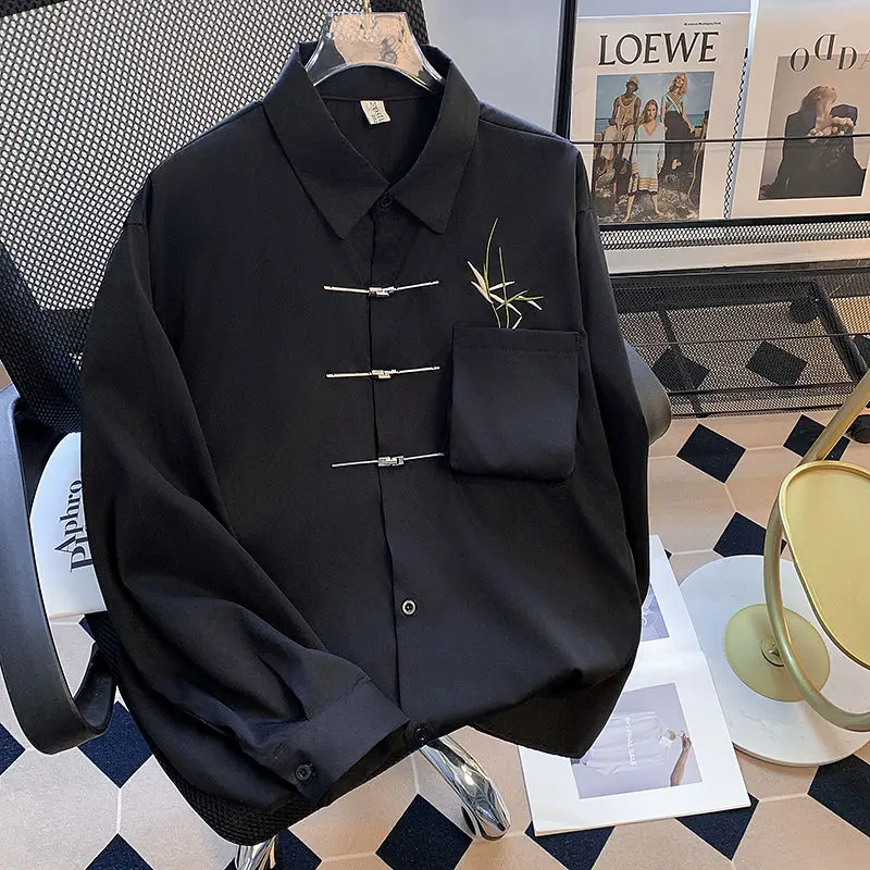 Spring KPOP Fashion Style Kawaii Slim Fit Ropa Hombre Loose Casual All Match Tops Square Neck Long Sleeve Button Blusa JJ776